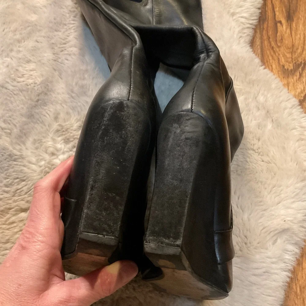 Zara Boots Leather Knee High Size 38 7.5 Pointed Toe Block Wedge Heel Womens‎
